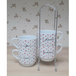 Kit Jogo 4 Xicaras Café Chá Hotel 200ml Empilháveis com Suporte - Poá Coração Frases - 4