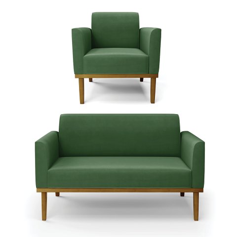 Conjunto Poltrona e Namoradeira Decorativa Isabella Pés Fixo em Madeira Castanho Suede Verde G19 - G