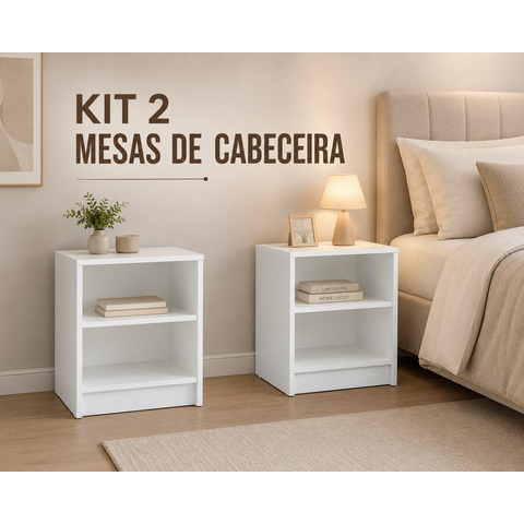 Kit 02 Mesas de Cabeceira Moderna com Prateleira em MDF Branco - Pea Móveis