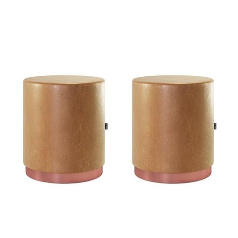Kit 2 Puffs Decorativo Redondo Denver em Couríssimo Amarula - Salaone