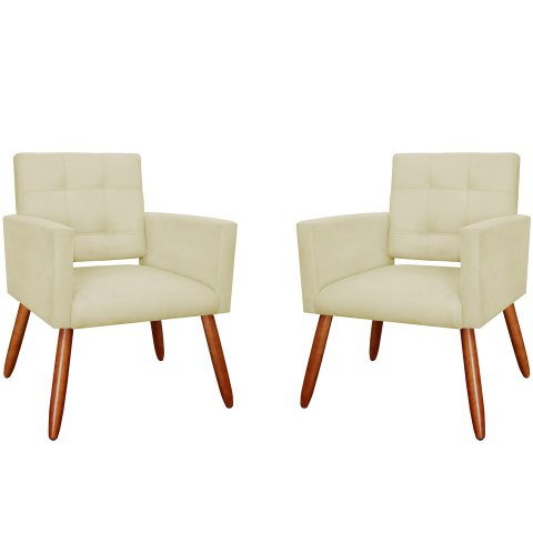 Kit 2 Poltronas Decorativa Camila Couro Bege Pés Madeira Mz Decor