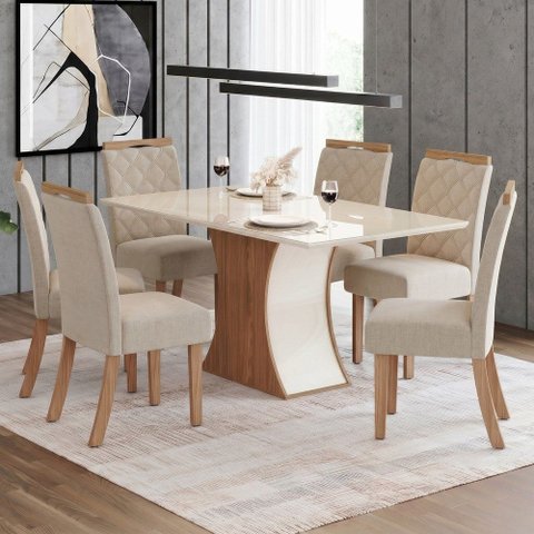 Conjunto Sala Jantar Mesa 160 cm Tampo MDF Vidro 6 Cadeir Layla Confort Casa 812