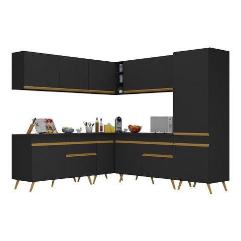 Armário de Cozinha Completa de Canto Veneza Multimóveis V2066 Preto/Dourado