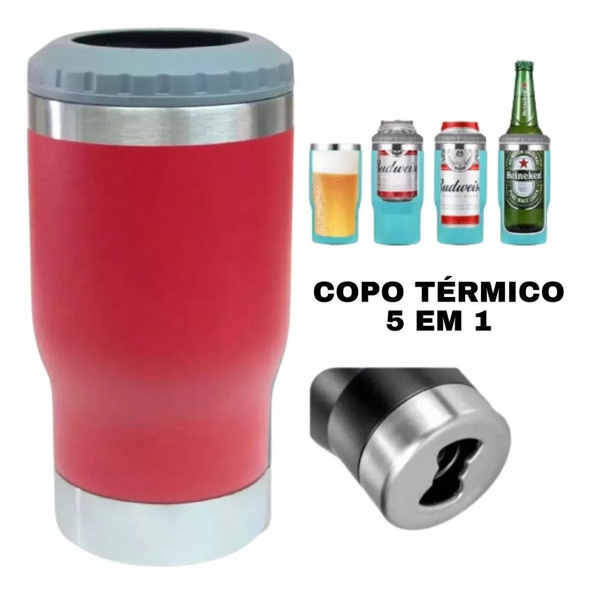 Copo Térmico Long Neck Cerveja Latinha Latão Inox Vermelho - 1