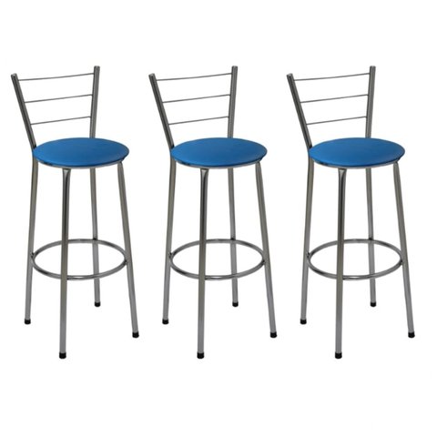 Kit 3 Banquetas Altas Cromada com Encosto Assento Azul