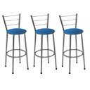 Ver imagem 1 de Kit 3 Banquetas Altas Cromada com Encosto Assento Azul