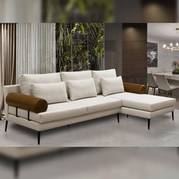 Sofá 3 Lugares com Chaise 260cm Pés Industrial Malik D06 Linho Bege Couríssimo Camel - Lyam Decor - 2