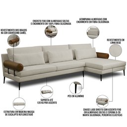 Sofá 3 Lugares com Chaise 260cm Pés Industrial Malik D06 Linho Bege Couríssimo Camel - Lyam Decor - 3