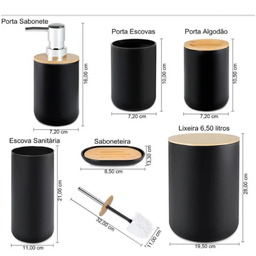 Kit Banheiro Lixeira Porta Sabonete Escova Saboneteira 6 Pçs:Preto - 4
