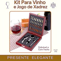 Kit Acessorios Vinho 4pçs e Jogo Xadrez 32pçs Maleta Tabuleiro Saca Rolhas Tampa Termômetro Presente - 5