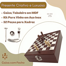 Kit Acessorios Vinho 4pçs e Jogo Xadrez 32pçs Maleta Tabuleiro Saca Rolhas Tampa Termômetro Presente - 2