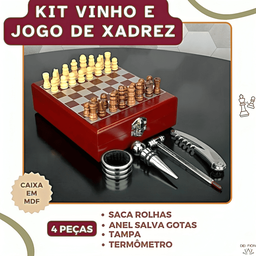 Kit Acessorios Vinho 4pçs e Jogo Xadrez 32pçs Maleta Tabuleiro Saca Rolhas Tampa Termômetro Presente - 4
