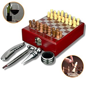Kit Acessorios Vinho 4pçs e Jogo Xadrez 32pçs Maleta Tabuleiro Saca Rolhas Tampa Termômetro Presente