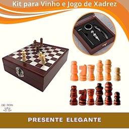 Kit Acessorios Vinho 4pçs e Jogo Xadrez 32pçs Maleta Tabuleiro Saca Rolhas Tampa Termômetro Presente - 6