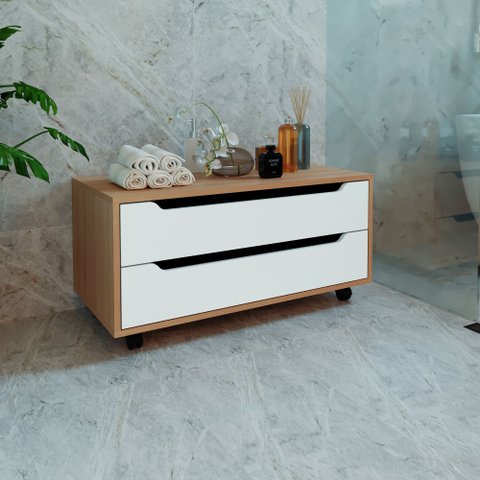 Balcão Gabinete com 2 Gavetas e Rodízio Bn3643 Branco Tecnomobili Cor: Amêndoa/branco