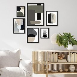 Composição 6 Quadros Abstratos Sala- Cinza Preto e Bege - com Vidro:madeira Branca - 1