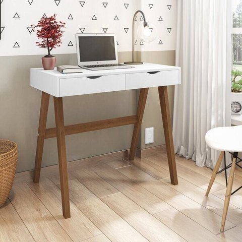 Escrivaninha Mesa Escritório 100% MDF Iza 2 Gavetas 90cm Espresso Móveis Branca e Amêndoa