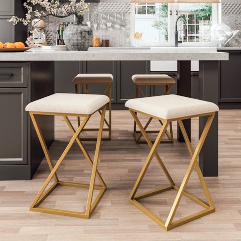 Banqueta Z Baixa 48cm com Armação de Metal Dourado Estofado Bege