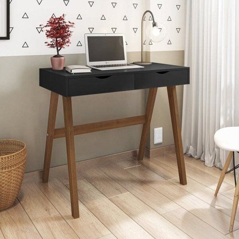 Escrivaninha Mesa Escritório 100% MDF Iza 2 Gavetas 90cm Espresso Móveis Preto e Amêndoa