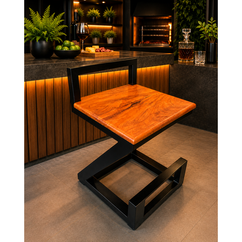 Banqueta Alta Industrial Z 65cm Peroba Rosa Maciça e Aço Preto Fosco Só Banquetas