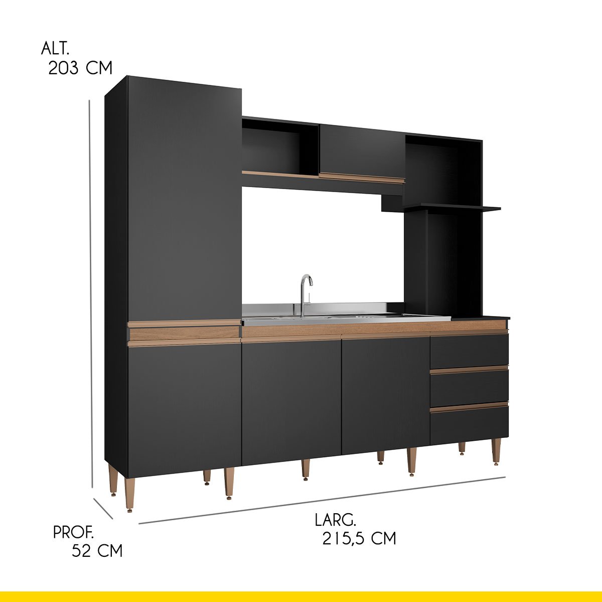 Cozinha Compacta Vitória 215 Cm Balcão Pia Armário Paneleiro Nicho Forno MDP Preto Avelã - ClickLar - 4