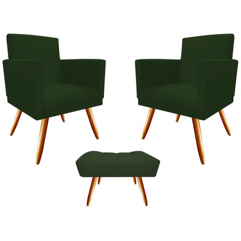 Kit 2 Poltronas Decorativa Nina + Puff Retangular Suede Verde Pés Madeira Mz Decor