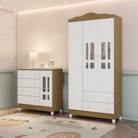 Conjunto Quarto Bebê Guarda Roupa Ariel 3 Portas Cômoda 4 Gavetas 1 Porta-100% MDF Branco com Bétula