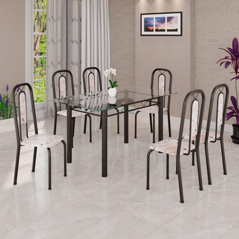 Conjunto Sala de Jantar com 6 Cadeiras Lívia Preto/Bege