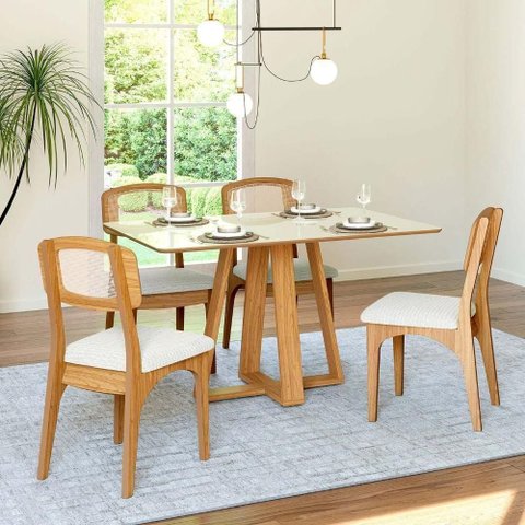 Mesa de Jantar 4 Lugares Tampo MDF 135cm Off White com Freijó e Bege Rústico Dalla Costa Móveis