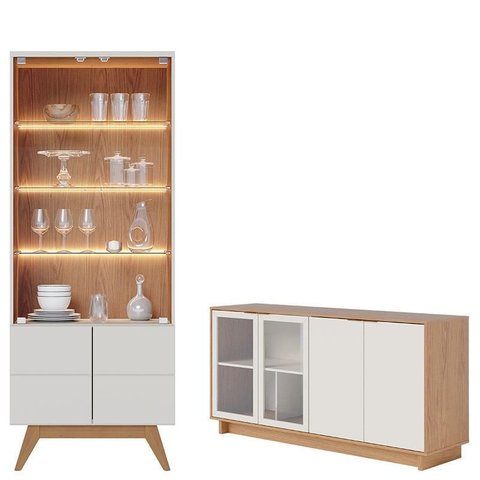 Cristaleira Noronha Off White Matte Freijó com Aparador para Sala Buffet Vitória Freijó Off White – 