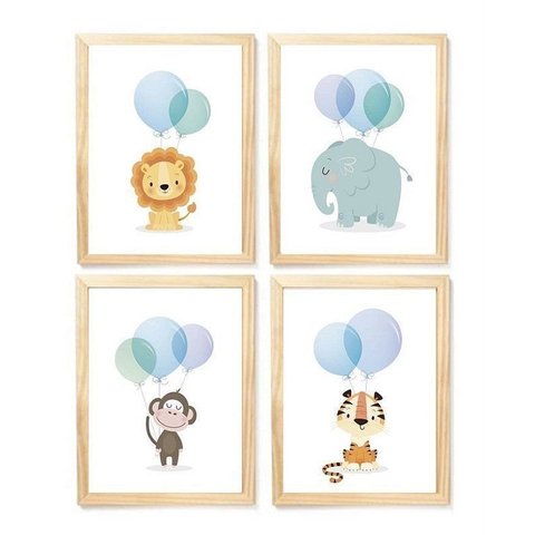 Kit Quadro Safari Balão Azul Decorativo Quarto Criança Bebê Enxoval