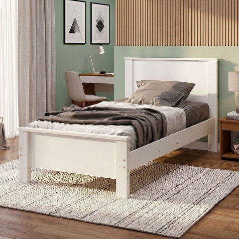 Cama de Solteiro Mila com Colchão D20 Estrutura em MDF e Madeira Branco Mila