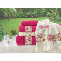 Jogo de Banho Floral Bordado Passione 100% Algodão 05 Peças - Pink-palha - 3