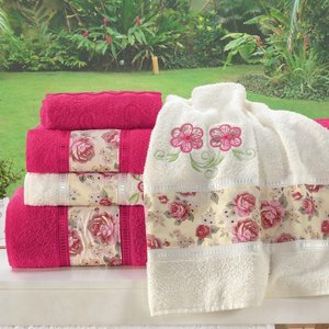 Jogo de Banho Floral Bordado Passione 100% Algodão 05 Peças - Pink-palha