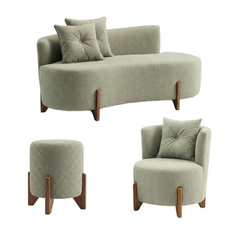 Kit Decorativo Sofá Curvo Orgânico + 01 Puff e Poltrona Luna Boucle Verde Menta - Montanaris Decor