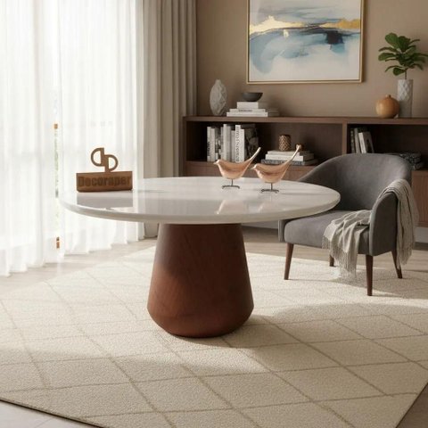 Mesa de Centro Mesa de Centro com Vidro Redondo MDF Madeira 80cm Off White