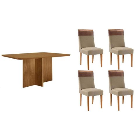 Conjunto: Mesa Sala Jantar Berlim Curvo 120cm + 4 Cadeiras Jaspe Naturale - Linho Bege - Rufato