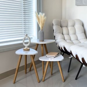 Kit Trio Jogo de Mesinhas Lateral Sala Pé Palito Retro Tampo Orgânico