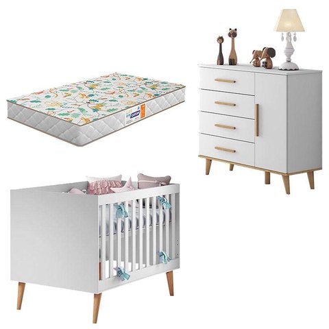 Berço Americano e Cômoda Infantil Ludmila Branco Bétula com Colchão Gazin – Carolina