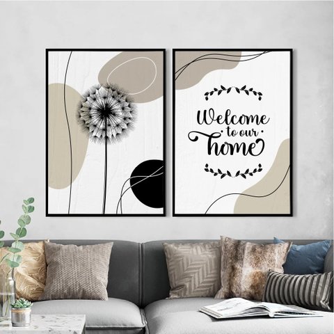 Kit 2 Quadros Welcome To Our Home 24x18cm:Madeira branca