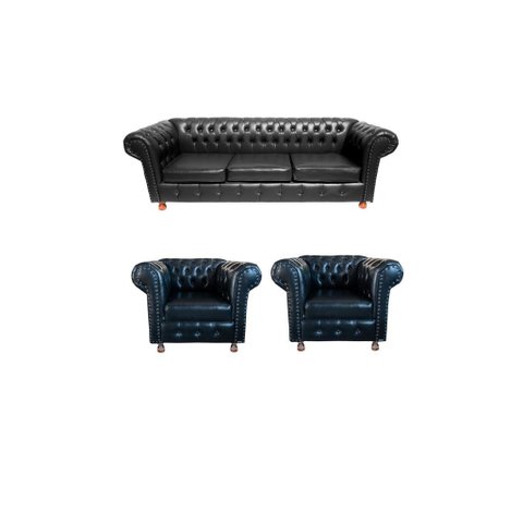 1 Sofá 2m + 2 Poltronas Chesterfield Luiz Xv Corano Preto / Recapção, Sala, Salão de Beleza, Escritó