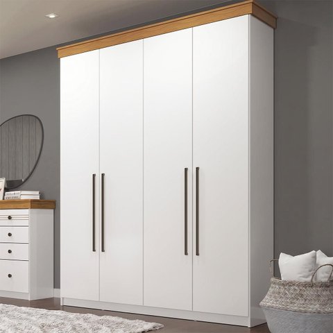 Roupeiro Solteiro London MDF 152,2x220cm 2 Gavetas 4 Portas Branco/Freijó LON42