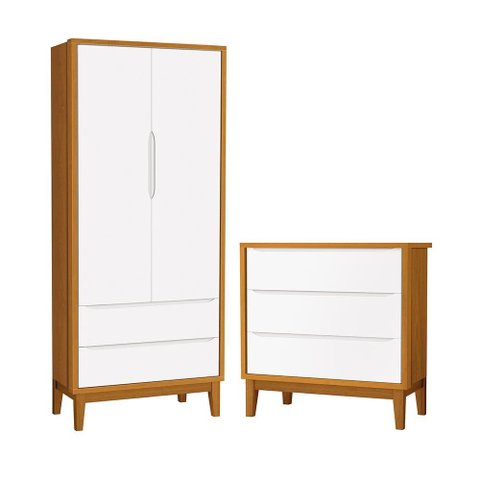 Jogo de Quarto Infantil Guarda Roupa 2 Portas e Cômoda 3 Gavetas Classic Branco/Savana com Pés