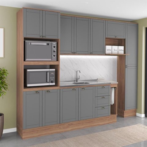 Cozinha Completa com Balcão Milla Vitral 12 Portas 3 Gavetas MDF MDP 290cm Nogal com Cinza Titânio