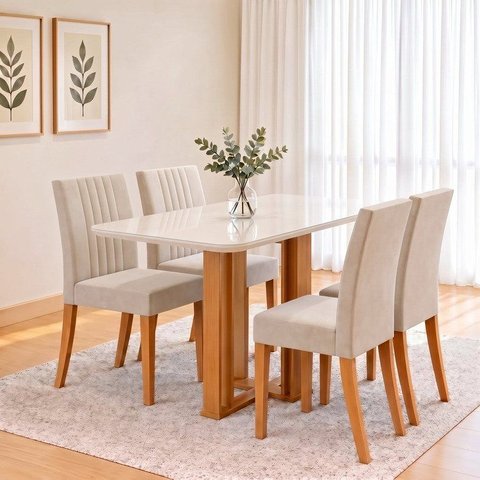 Conjunto Sala de Jantar Mesa Manu 120cm Tampo MDF e Vidro Canto Arredondado 4 Cadeiras Lily