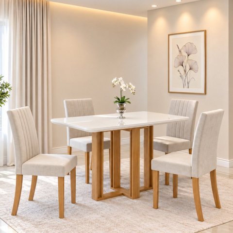 Conjunto Sala de Jantar Mesa Manu 120cm Tampo MDF e Vidro Canto Arredondado 4 Cadeiras Lily