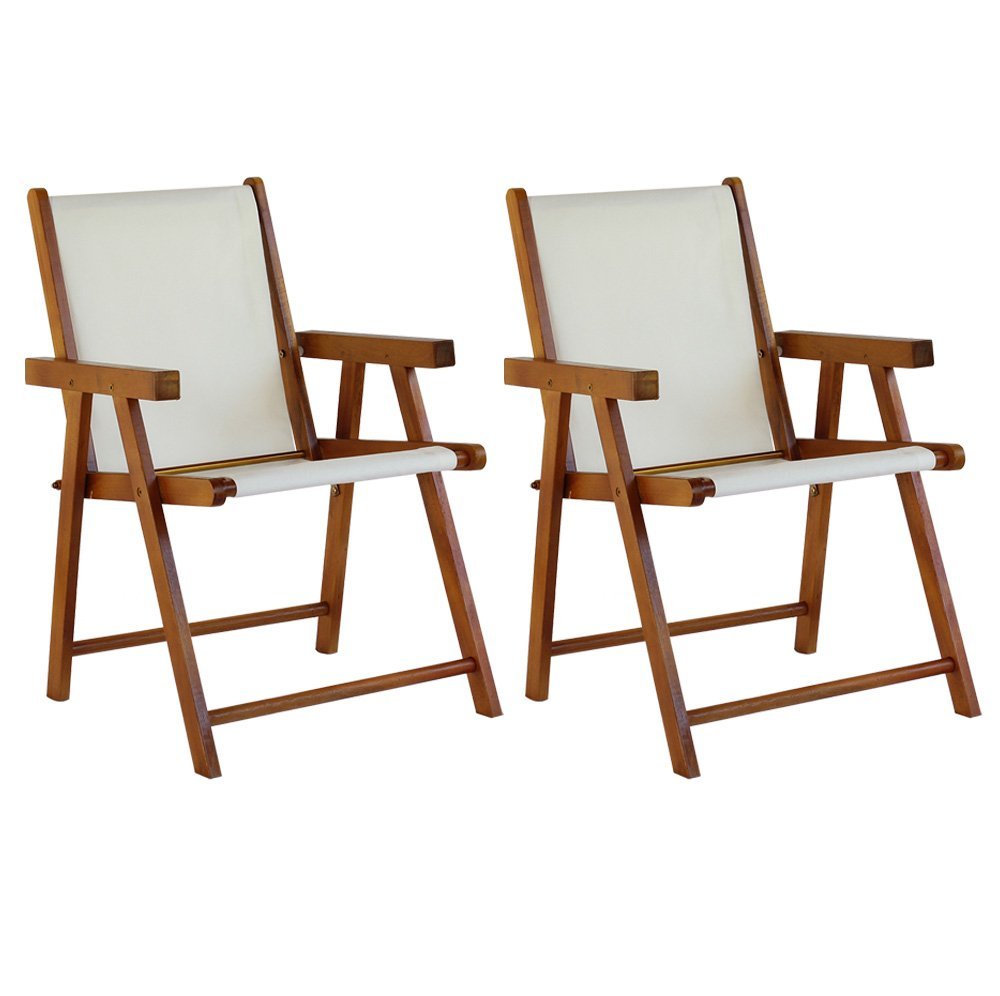 Conjunto 2 Cadeiras Praia Dobrável em Madeira Envernizada Mel com Tecido Branco - 1