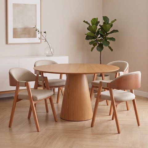 Conjunto Mesa de Jantar Cone Redonda 120cm com 4 Cadeiras Estofadas Gaia Yescasa