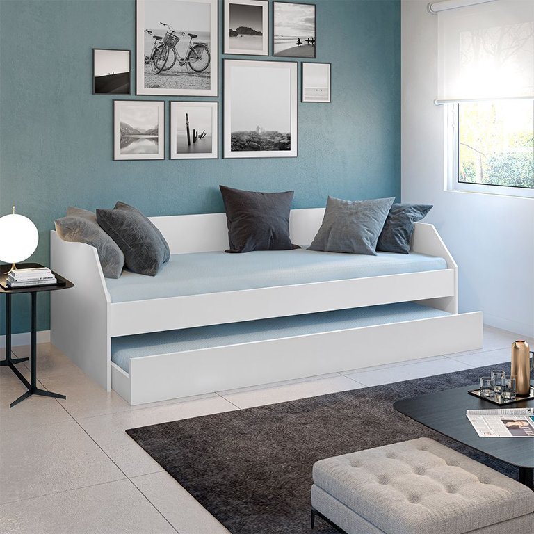 Sofá Cama Solteiro Duo com Cama Auxiliar em Mdf Reforçado 15mm Branco Sofá Cama Solteiro Duo com Cama Auxiliar em Mdf Reforçado 15mm Branco