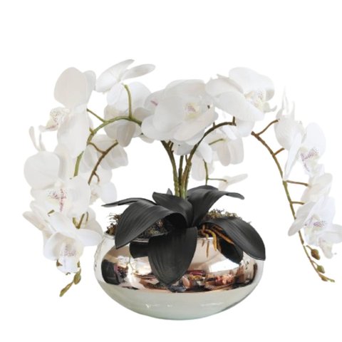 Arranjo Mesa da Sala com 4 Orquídeas Brancas Vaso Prata